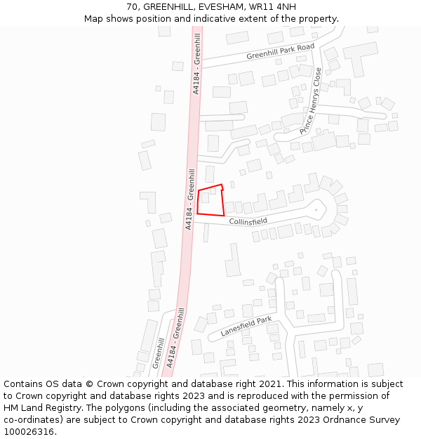 70, GREENHILL, EVESHAM, WR11 4NH: Location map and indicative extent of plot