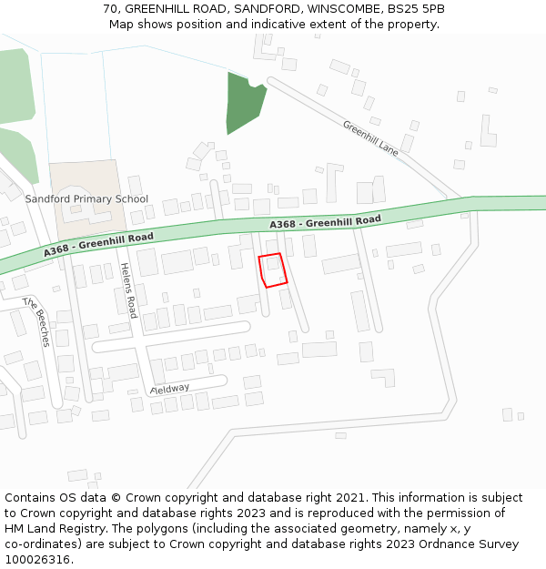 70, GREENHILL ROAD, SANDFORD, WINSCOMBE, BS25 5PB: Location map and indicative extent of plot