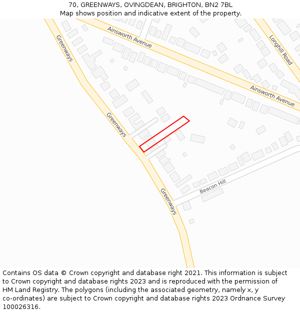 70, GREENWAYS, OVINGDEAN, BRIGHTON, BN2 7BL: Location map and indicative extent of plot
