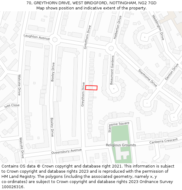 70, GREYTHORN DRIVE, WEST BRIDGFORD, NOTTINGHAM, NG2 7GD: Location map and indicative extent of plot