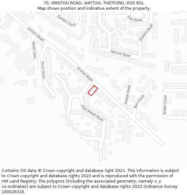 70, GRISTON ROAD, WATTON, THETFORD, IP25 6DL: Location map and indicative extent of plot