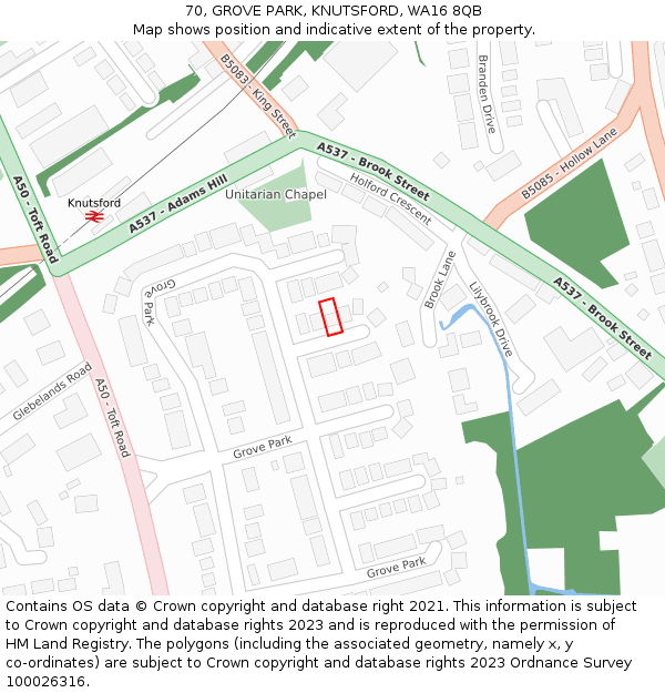 70, GROVE PARK, KNUTSFORD, WA16 8QB: Location map and indicative extent of plot
