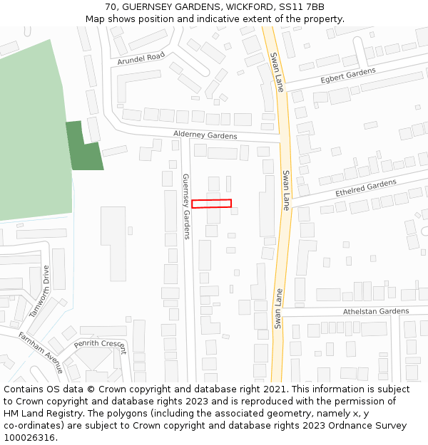 70, GUERNSEY GARDENS, WICKFORD, SS11 7BB: Location map and indicative extent of plot