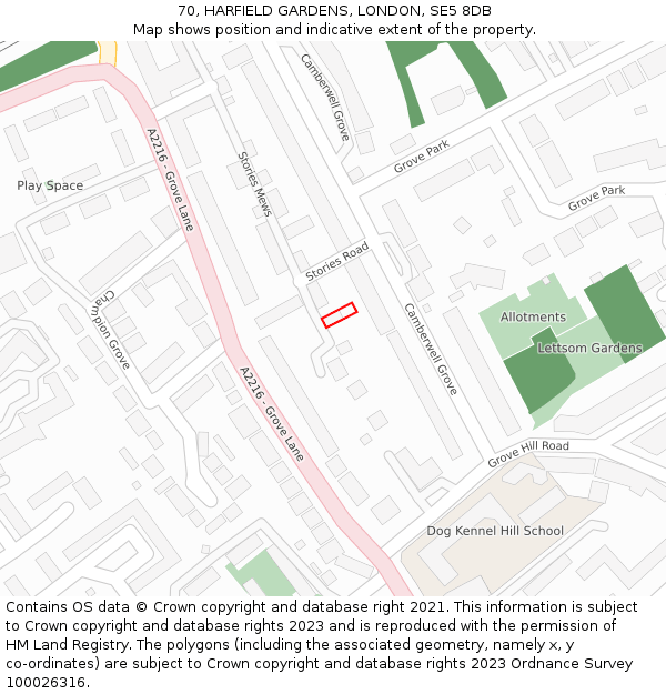 70, HARFIELD GARDENS, LONDON, SE5 8DB: Location map and indicative extent of plot
