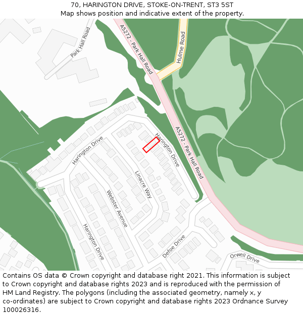 70, HARINGTON DRIVE, STOKE-ON-TRENT, ST3 5ST: Location map and indicative extent of plot