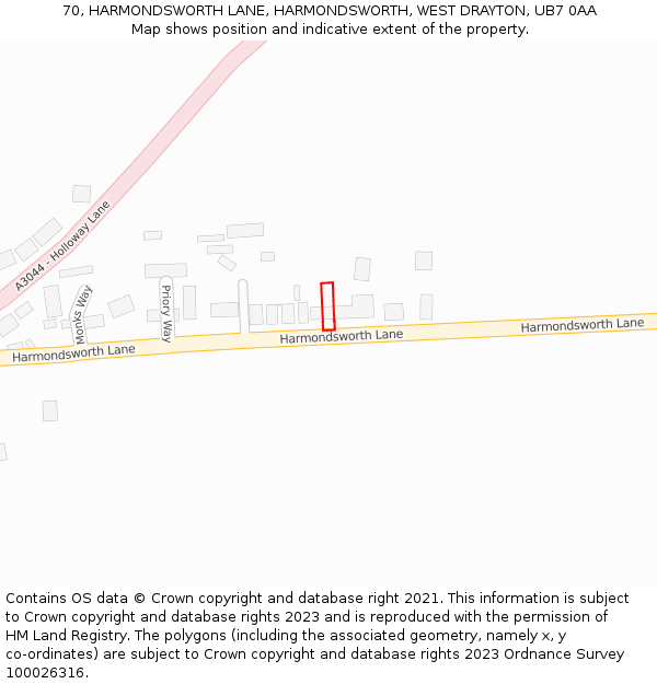 70, HARMONDSWORTH LANE, HARMONDSWORTH, WEST DRAYTON, UB7 0AA: Location map and indicative extent of plot