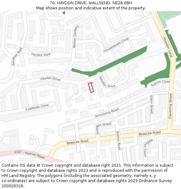 70, HAYDON DRIVE, WALLSEND, NE28 0BH: Location map and indicative extent of plot
