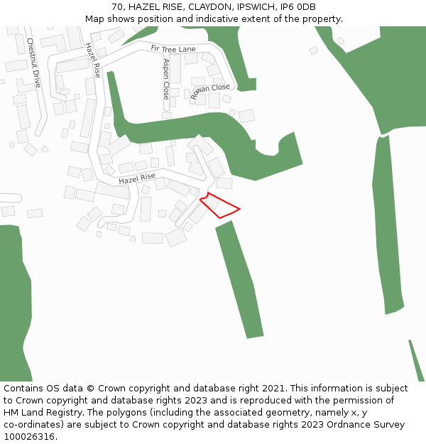 70, HAZEL RISE, CLAYDON, IPSWICH, IP6 0DB: Location map and indicative extent of plot