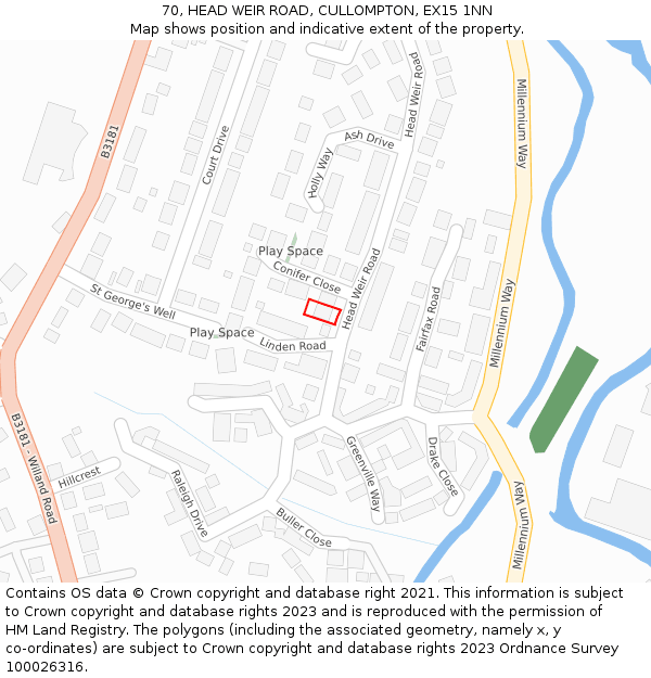 70, HEAD WEIR ROAD, CULLOMPTON, EX15 1NN: Location map and indicative extent of plot