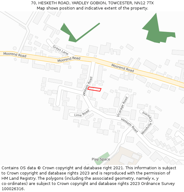 70, HESKETH ROAD, YARDLEY GOBION, TOWCESTER, NN12 7TX: Location map and indicative extent of plot