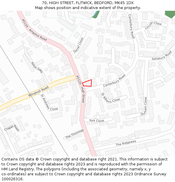 70, HIGH STREET, FLITWICK, BEDFORD, MK45 1DX: Location map and indicative extent of plot