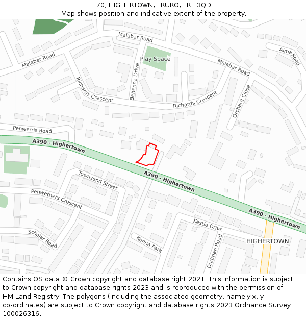 70, HIGHERTOWN, TRURO, TR1 3QD: Location map and indicative extent of plot