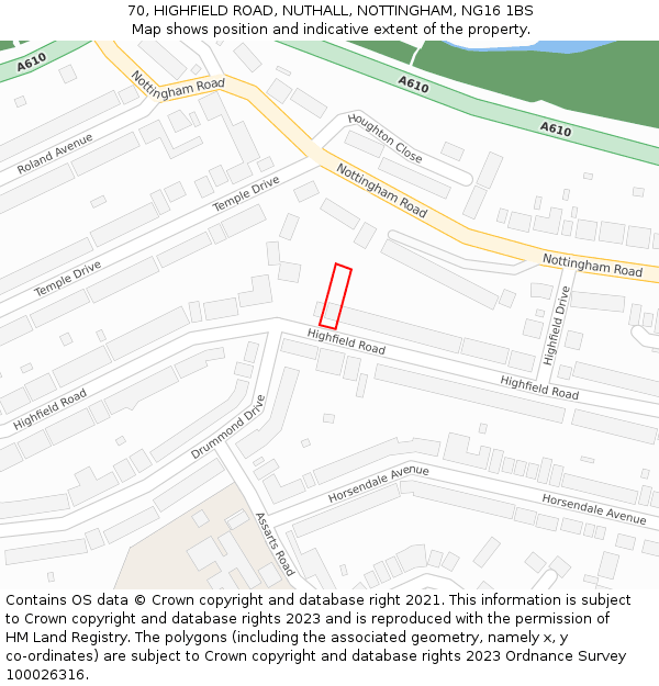 70, HIGHFIELD ROAD, NUTHALL, NOTTINGHAM, NG16 1BS: Location map and indicative extent of plot