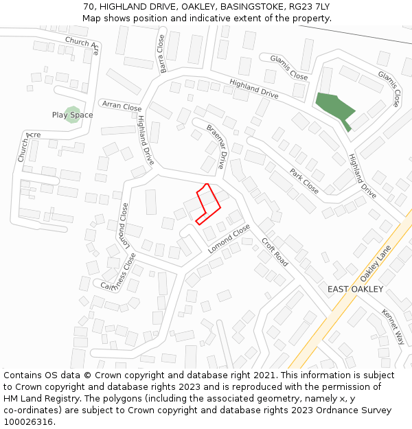 70, HIGHLAND DRIVE, OAKLEY, BASINGSTOKE, RG23 7LY: Location map and indicative extent of plot