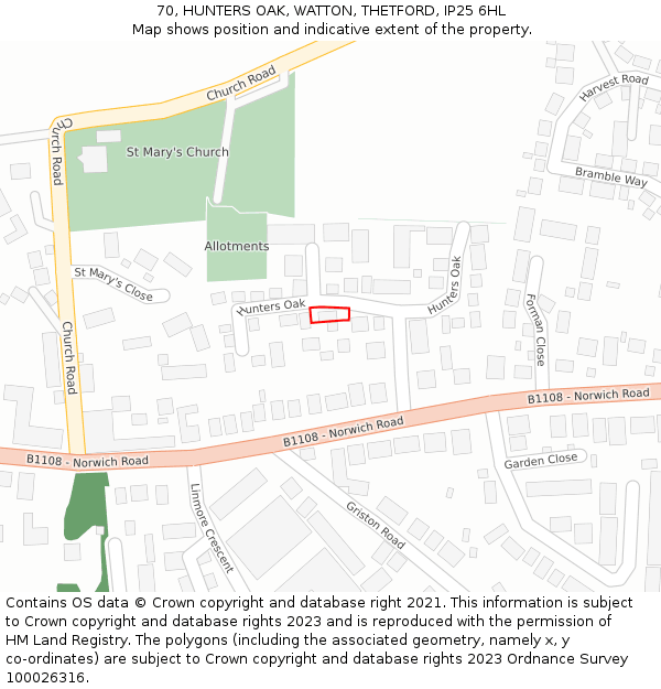 70, HUNTERS OAK, WATTON, THETFORD, IP25 6HL: Location map and indicative extent of plot