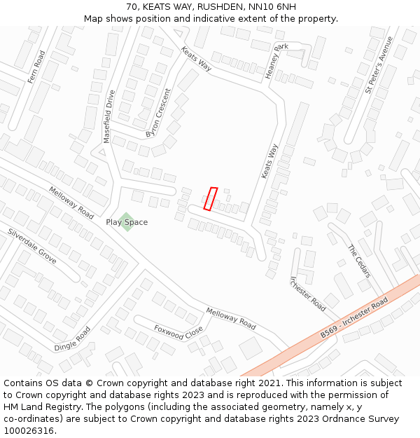 70, KEATS WAY, RUSHDEN, NN10 6NH: Location map and indicative extent of plot