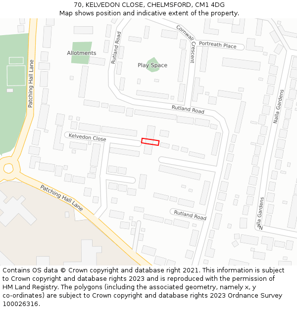 70, KELVEDON CLOSE, CHELMSFORD, CM1 4DG: Location map and indicative extent of plot