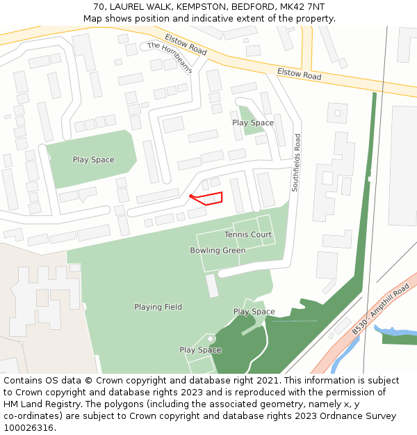 70, LAUREL WALK, KEMPSTON, BEDFORD, MK42 7NT: Location map and indicative extent of plot