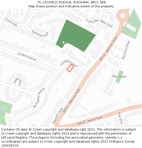 70, LICHFIELD AVENUE, EVESHAM, WR11 3EB: Location map and indicative extent of plot