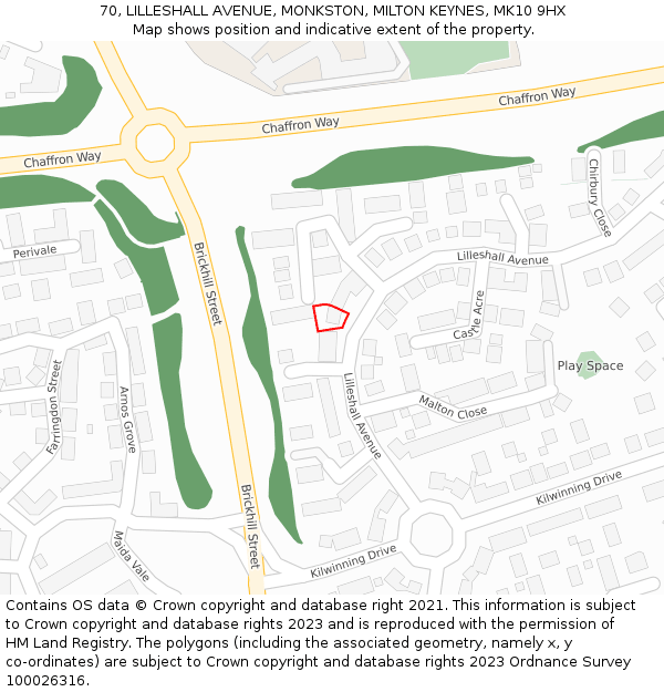 70, LILLESHALL AVENUE, MONKSTON, MILTON KEYNES, MK10 9HX: Location map and indicative extent of plot