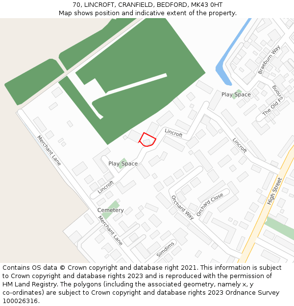 70, LINCROFT, CRANFIELD, BEDFORD, MK43 0HT: Location map and indicative extent of plot