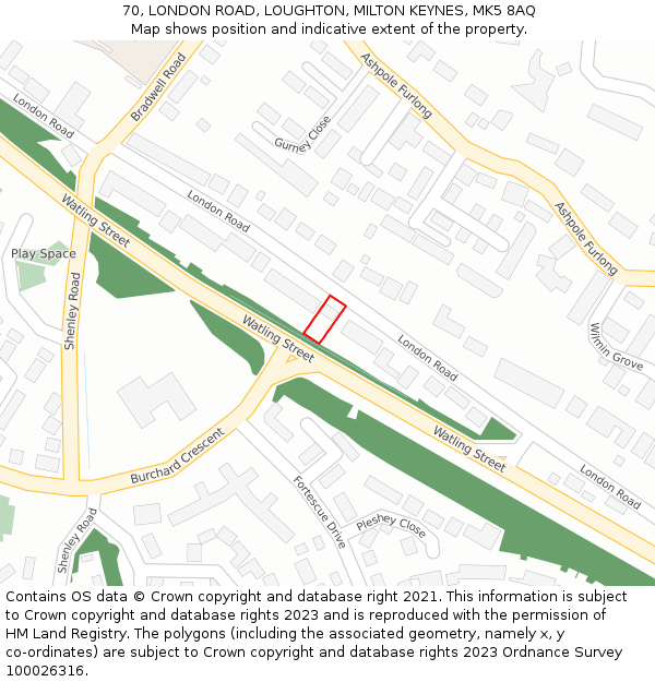 70, LONDON ROAD, LOUGHTON, MILTON KEYNES, MK5 8AQ: Location map and indicative extent of plot