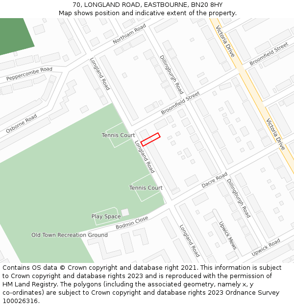 70, LONGLAND ROAD, EASTBOURNE, BN20 8HY: Location map and indicative extent of plot