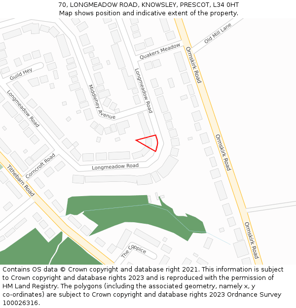 70, LONGMEADOW ROAD, KNOWSLEY, PRESCOT, L34 0HT: Location map and indicative extent of plot