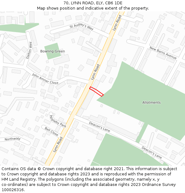 70, LYNN ROAD, ELY, CB6 1DE: Location map and indicative extent of plot