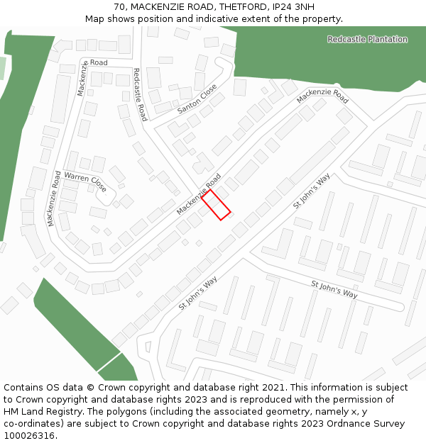 70, MACKENZIE ROAD, THETFORD, IP24 3NH: Location map and indicative extent of plot