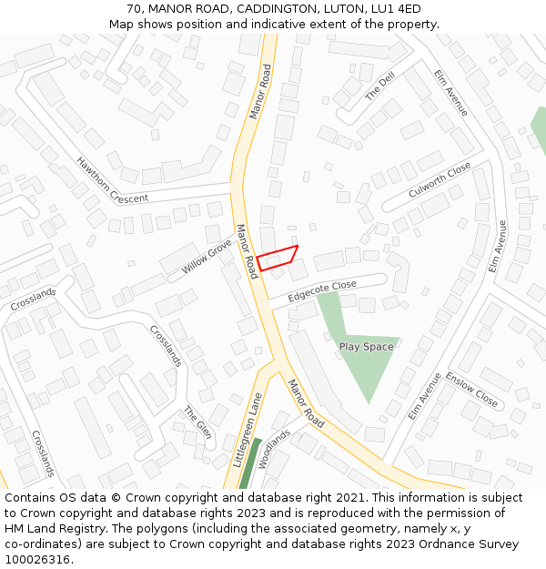 70, MANOR ROAD, CADDINGTON, LUTON, LU1 4ED: Location map and indicative extent of plot