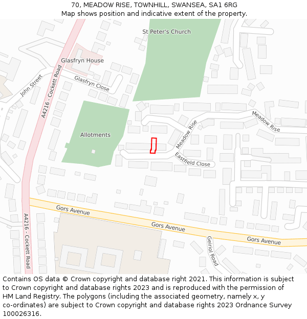 70, MEADOW RISE, TOWNHILL, SWANSEA, SA1 6RG: Location map and indicative extent of plot