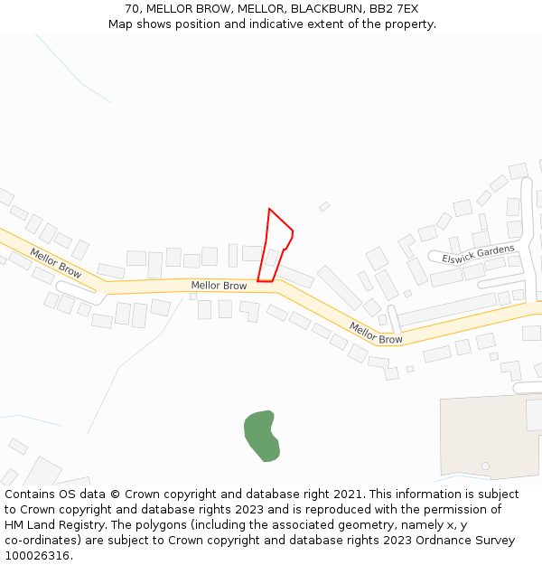 70, MELLOR BROW, MELLOR, BLACKBURN, BB2 7EX: Location map and indicative extent of plot