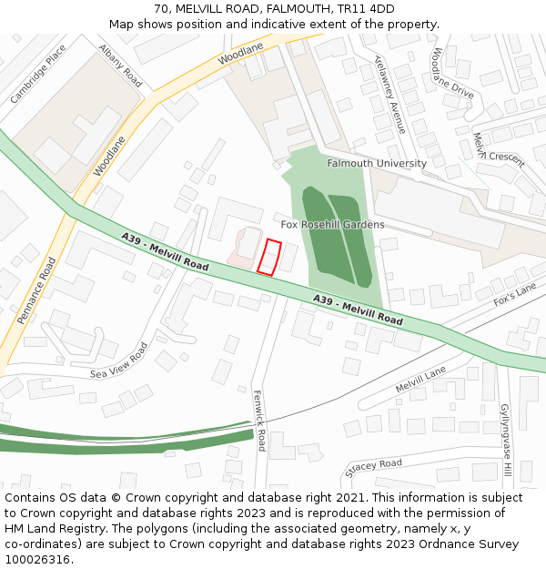 70, MELVILL ROAD, FALMOUTH, TR11 4DD: Location map and indicative extent of plot