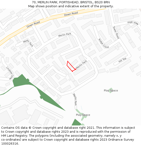 70, MERLIN PARK, PORTISHEAD, BRISTOL, BS20 8RN: Location map and indicative extent of plot
