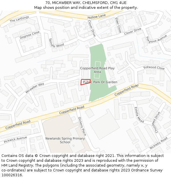 70, MICAWBER WAY, CHELMSFORD, CM1 4UE: Location map and indicative extent of plot