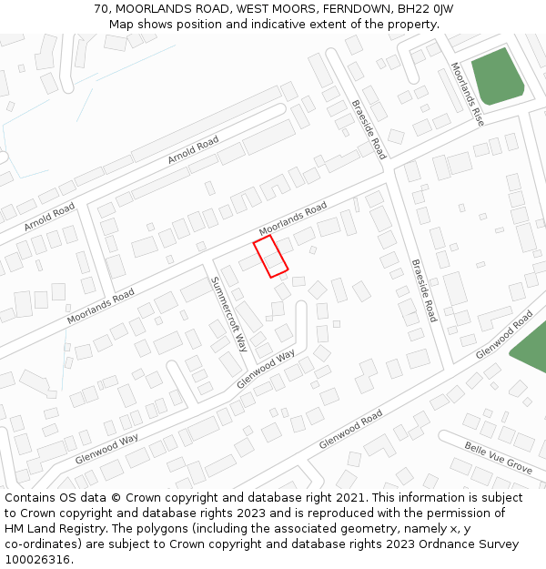 70, MOORLANDS ROAD, WEST MOORS, FERNDOWN, BH22 0JW: Location map and indicative extent of plot