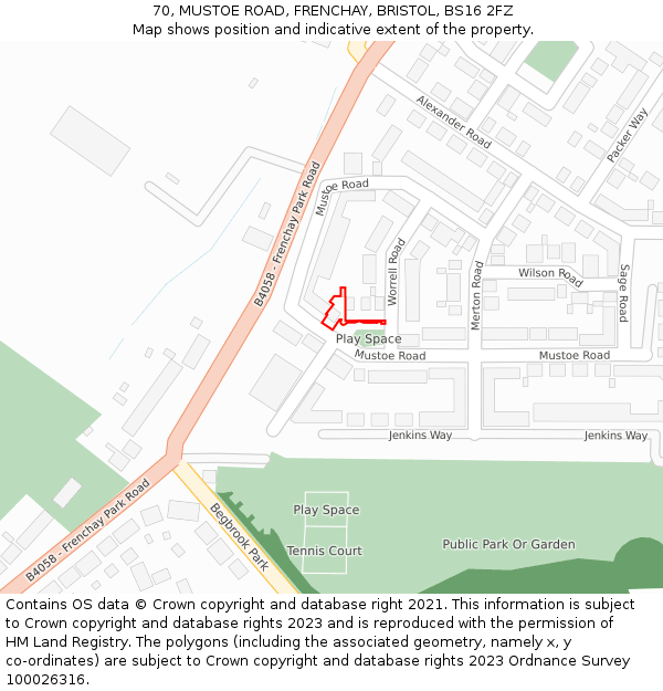 70, MUSTOE ROAD, FRENCHAY, BRISTOL, BS16 2FZ: Location map and indicative extent of plot