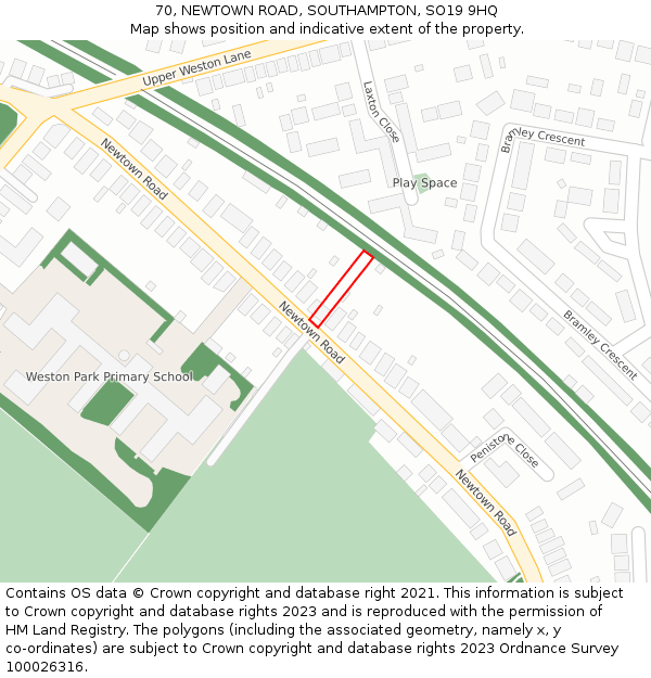 70, NEWTOWN ROAD, SOUTHAMPTON, SO19 9HQ: Location map and indicative extent of plot