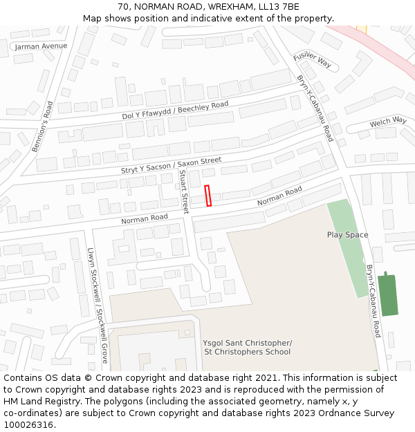 70, NORMAN ROAD, WREXHAM, LL13 7BE: Location map and indicative extent of plot