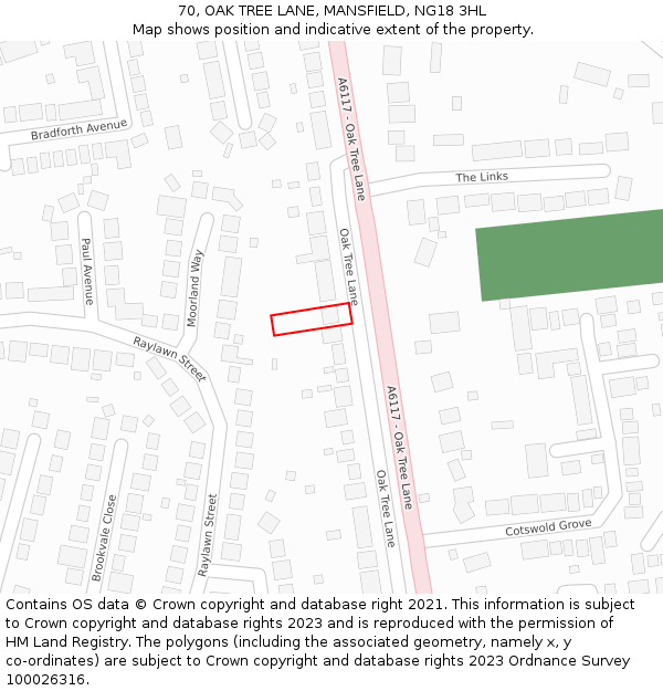 70, OAK TREE LANE, MANSFIELD, NG18 3HL: Location map and indicative extent of plot