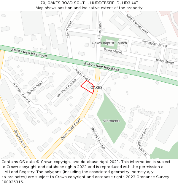 70, OAKES ROAD SOUTH, HUDDERSFIELD, HD3 4XT: Location map and indicative extent of plot