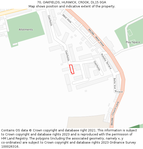 70, OAKFIELDS, HUNWICK, CROOK, DL15 0GA: Location map and indicative extent of plot