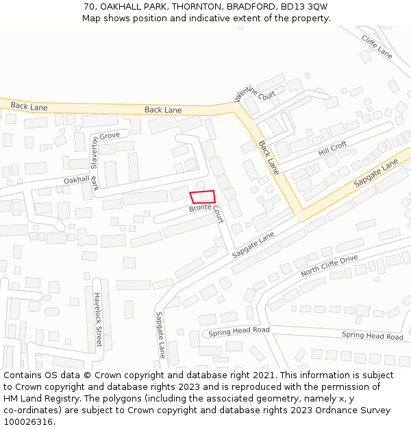 70, OAKHALL PARK, THORNTON, BRADFORD, BD13 3QW: Location map and indicative extent of plot