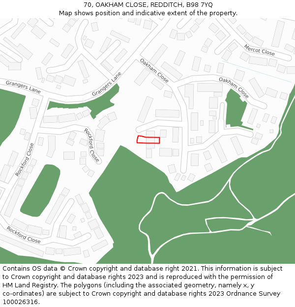 70, OAKHAM CLOSE, REDDITCH, B98 7YQ: Location map and indicative extent of plot