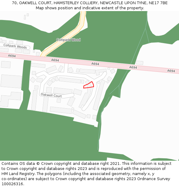 70, OAKWELL COURT, HAMSTERLEY COLLIERY, NEWCASTLE UPON TYNE, NE17 7BE: Location map and indicative extent of plot