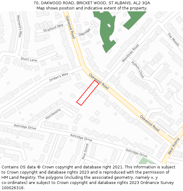 70, OAKWOOD ROAD, BRICKET WOOD, ST ALBANS, AL2 3QA: Location map and indicative extent of plot