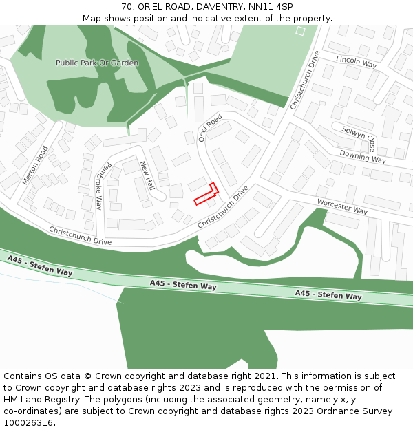 70, ORIEL ROAD, DAVENTRY, NN11 4SP: Location map and indicative extent of plot