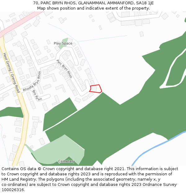 70, PARC BRYN RHOS, GLANAMMAN, AMMANFORD, SA18 1JE: Location map and indicative extent of plot