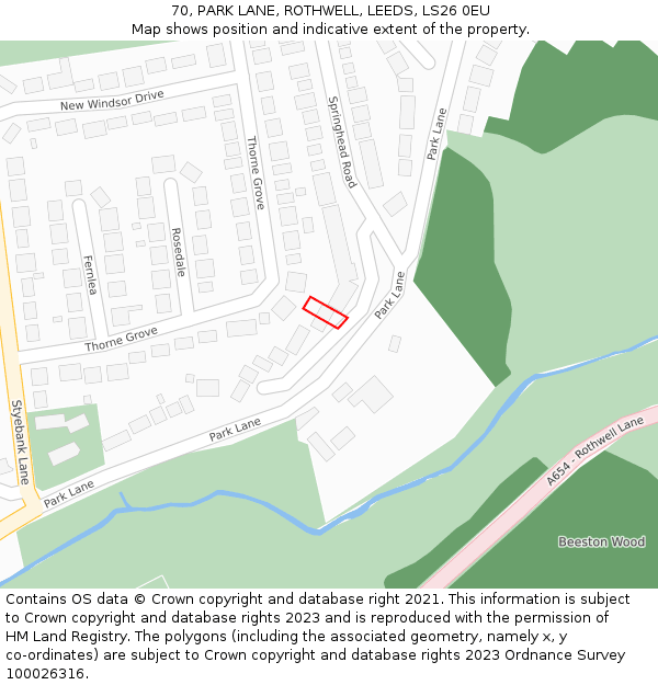70, PARK LANE, ROTHWELL, LEEDS, LS26 0EU: Location map and indicative extent of plot